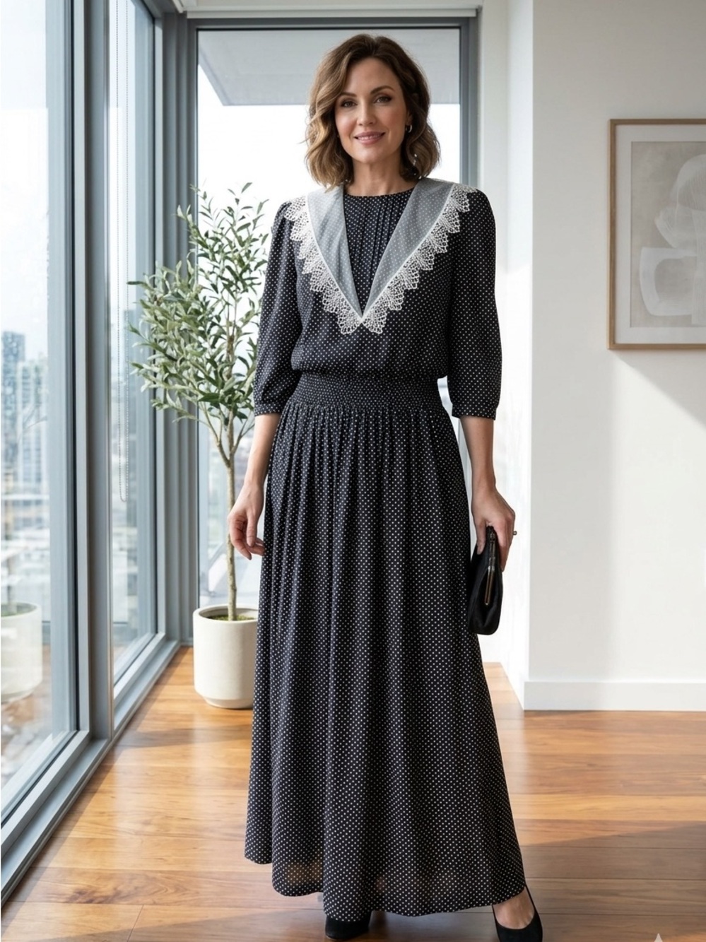 John Robert’s Cocktail Polka Dot Maxi Lace Embroider Collar Vintage Dress 13/14